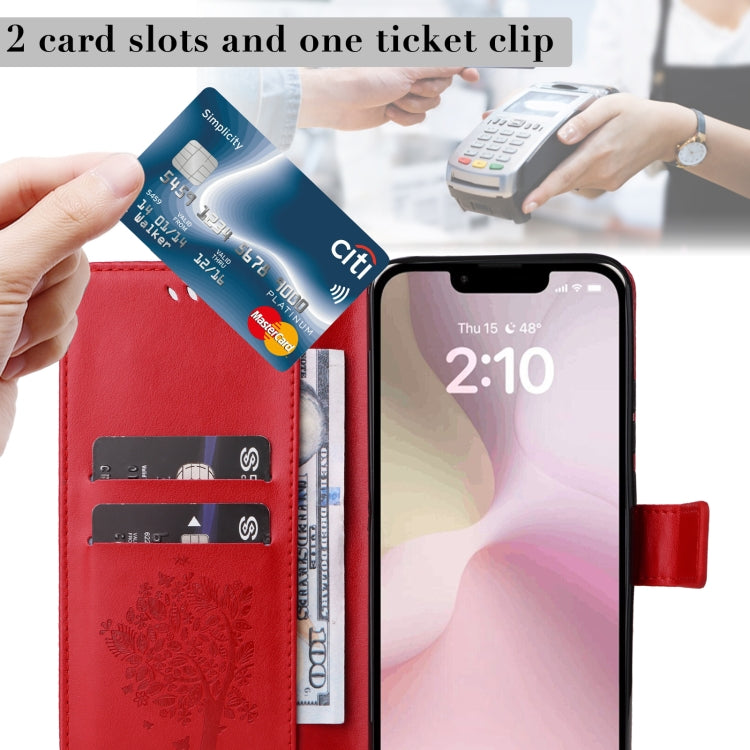 For iPhone 16e Tree & Cat Embossed Pattern Flip Leather Phone Case(Red) by buy2fix