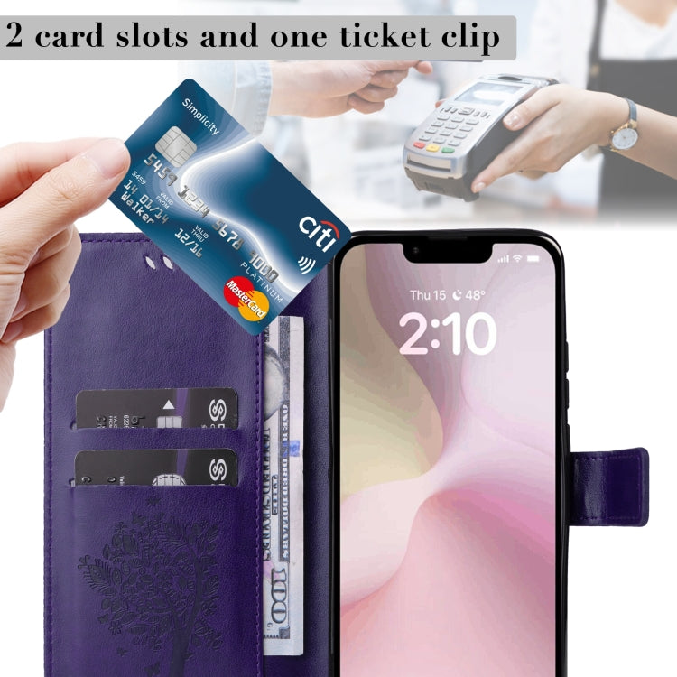 For iPhone 16e Tree & Cat Embossed Pattern Flip Leather Phone Case(Purple) by buy2fix