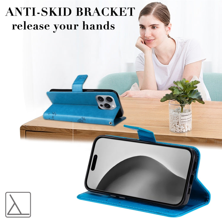 For iPhone 16 Pro Max Tree & Cat Embossed Pattern Flip Leather Phone Case(Blue) by buy2fix