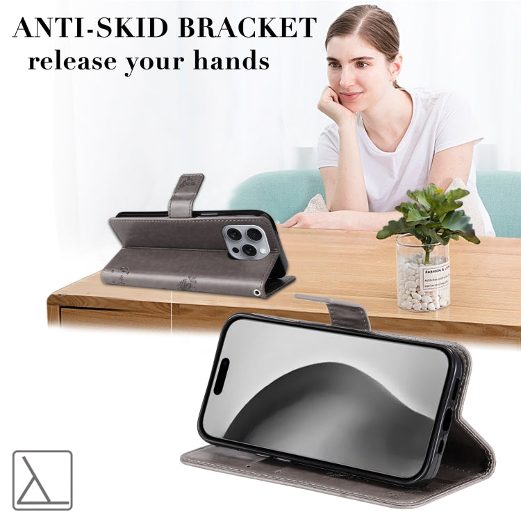 For iPhone 16 Pro Max Tree & Cat Embossed Pattern Flip Leather Phone Case(Grey) by buy2fix