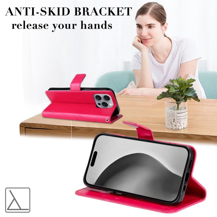 For iPhone 16 Pro Max Tree & Cat Embossed Pattern Flip Leather Phone Case(Rose Red) by buy2fix