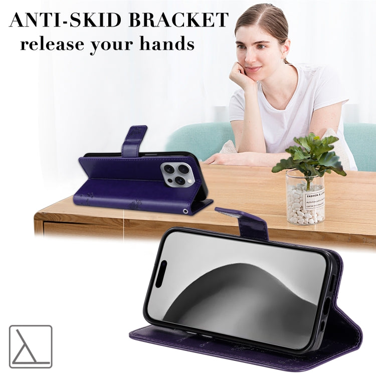 For iPhone 16 Pro Max Tree & Cat Embossed Pattern Flip Leather Phone Case(Purple) by buy2fix