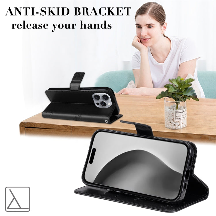 For iPhone 16 Pro Max Tree & Cat Embossed Pattern Flip Leather Phone Case(Black) by buy2fix