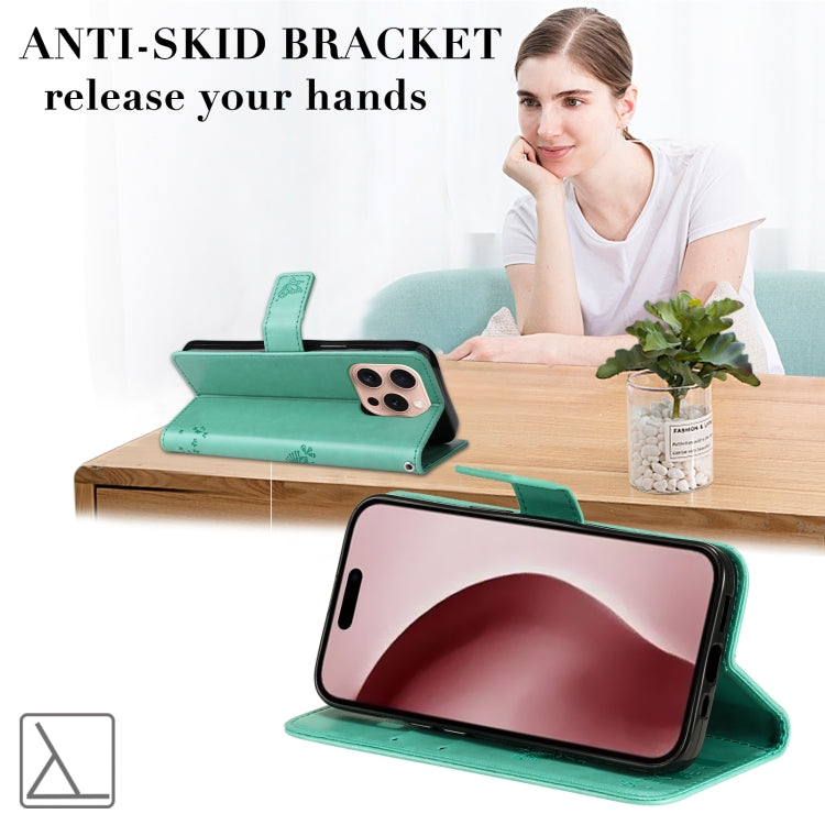 For iPhone 16 Pro Tree & Cat Embossed Pattern Flip Leather Phone Case(Green) by buy2fix