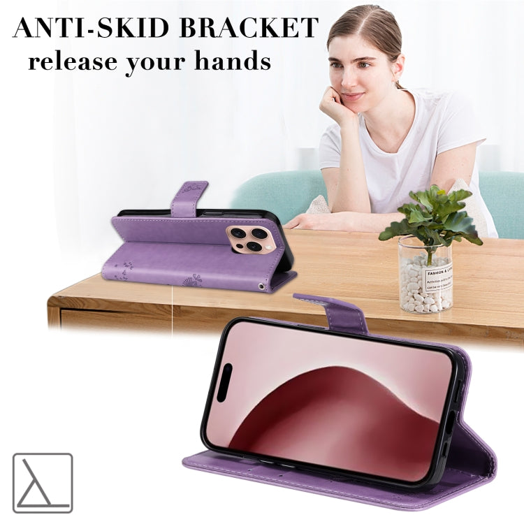 For iPhone 16 Pro Tree & Cat Embossed Pattern Flip Leather Phone Case(Light Purple) by buy2fix