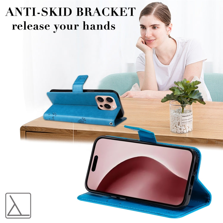 For iPhone 16 Pro Tree & Cat Embossed Pattern Flip Leather Phone Case(Blue) by buy2fix