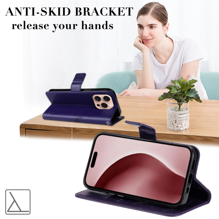 For iPhone 16 Pro Tree & Cat Embossed Pattern Flip Leather Phone Case(Purple) by buy2fix