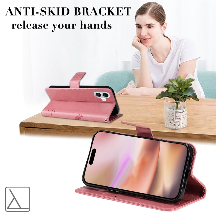 For iPhone 16 Plus Tree & Cat Embossed Pattern Flip Leather Phone Case(Pink) by buy2fix