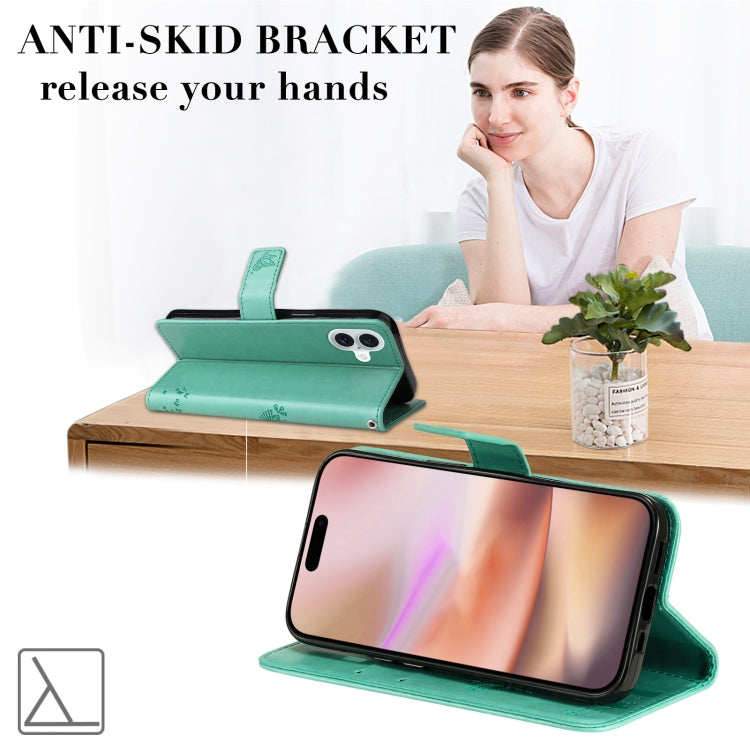 For iPhone 16 Plus Tree & Cat Embossed Pattern Flip Leather Phone Case(Green) by buy2fix