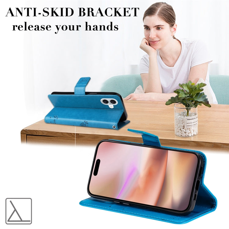 For iPhone 16 Plus Tree & Cat Embossed Pattern Flip Leather Phone Case(Blue) by buy2fix