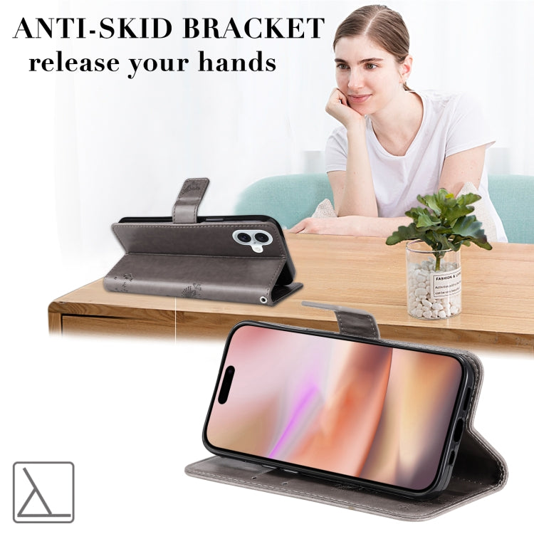 For iPhone 16 Plus Tree & Cat Embossed Pattern Flip Leather Phone Case(Grey) by buy2fix