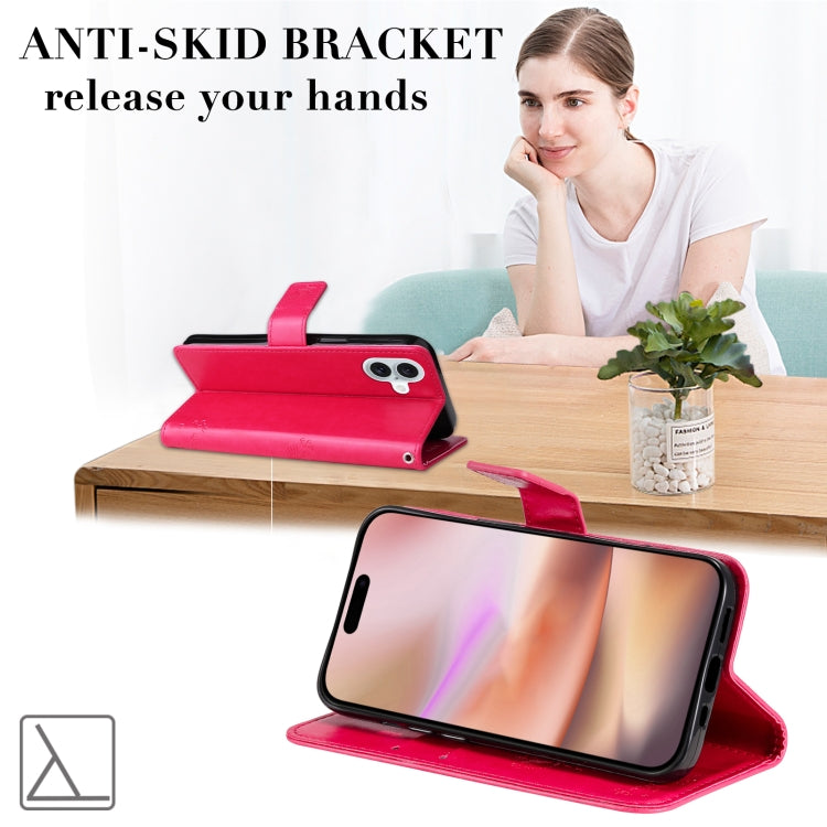 For iPhone 16 Plus Tree & Cat Embossed Pattern Flip Leather Phone Case(Rose Red) by buy2fix