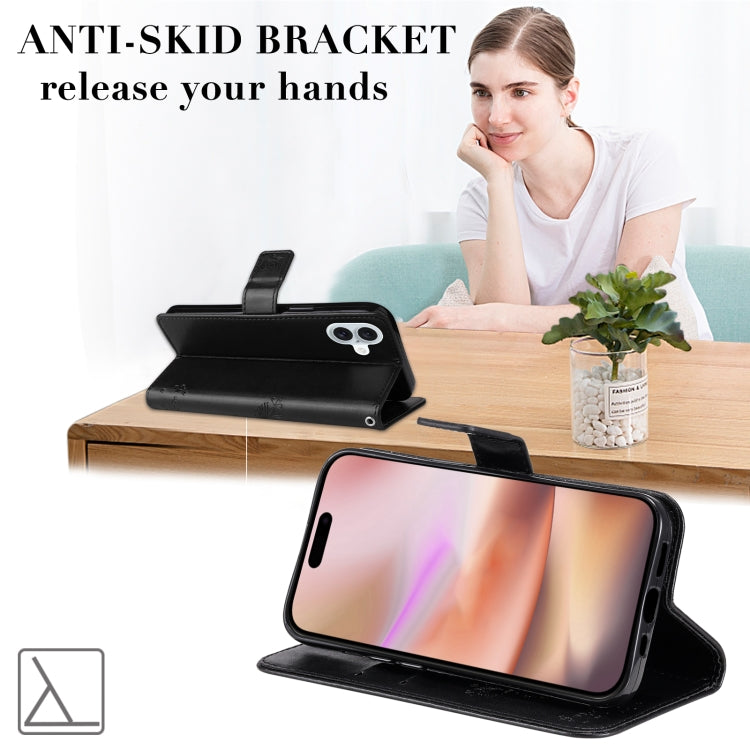 For iPhone 16 Plus Tree & Cat Embossed Pattern Flip Leather Phone Case(Black) by buy2fix