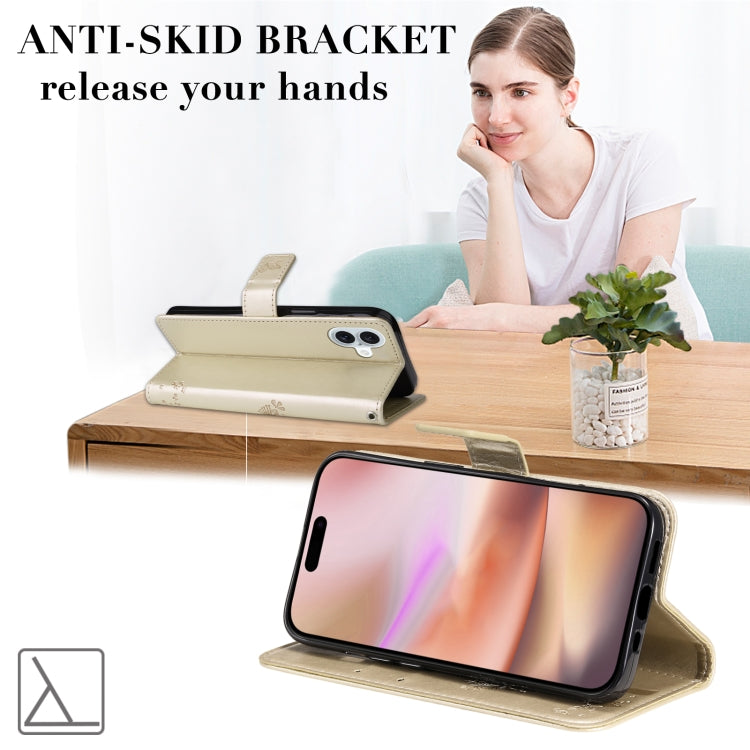 For iPhone 16 Plus Tree & Cat Embossed Pattern Flip Leather Phone Case(Gold) by buy2fix