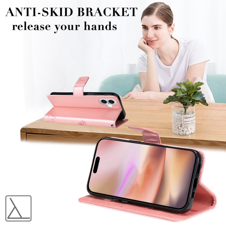 For iPhone 16 Plus Tree & Cat Embossed Pattern Flip Leather Phone Case(Rose Gold) by buy2fix