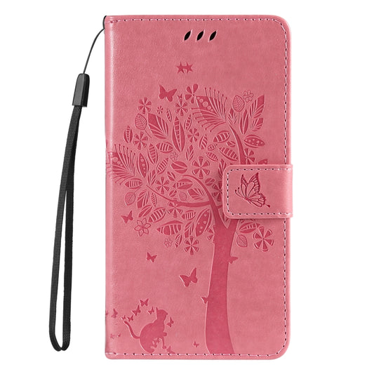 For iPhone 16 Tree & Cat Embossed Pattern Flip Leather Phone Case(Pink) by buy2fix