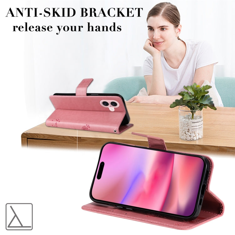 For iPhone 16 Tree & Cat Embossed Pattern Flip Leather Phone Case(Pink) by buy2fix