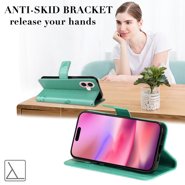 For iPhone 16 Tree & Cat Embossed Pattern Flip Leather Phone Case(Green) by buy2fix