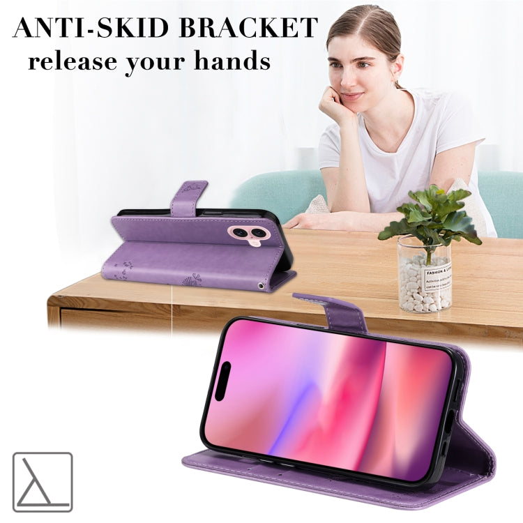 For iPhone 16 Tree & Cat Embossed Pattern Flip Leather Phone Case(Light Purple) by buy2fix