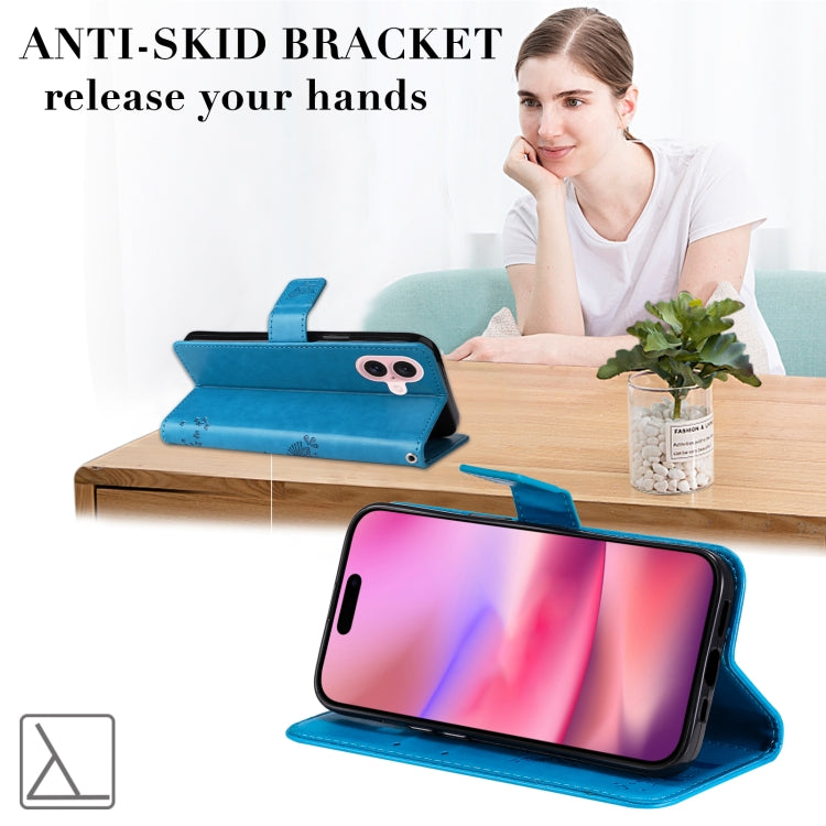 For iPhone 16 Tree & Cat Embossed Pattern Flip Leather Phone Case(Blue) by buy2fix