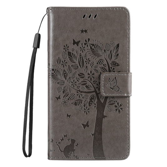 For iPhone 16 Tree & Cat Embossed Pattern Flip Leather Phone Case(Grey) by buy2fix