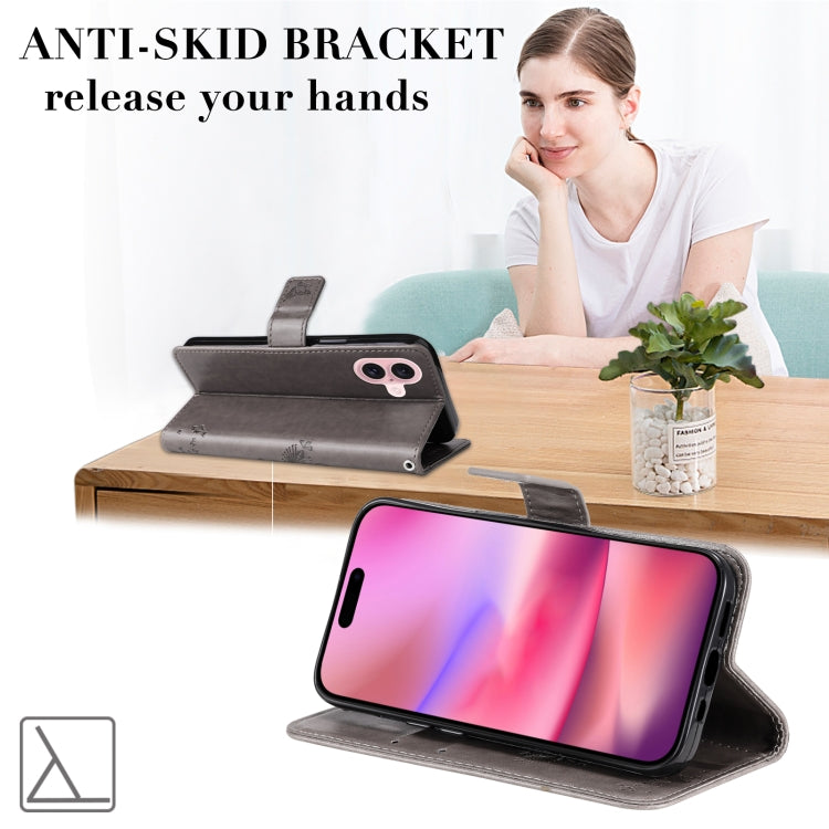 For iPhone 16 Tree & Cat Embossed Pattern Flip Leather Phone Case(Grey) by buy2fix