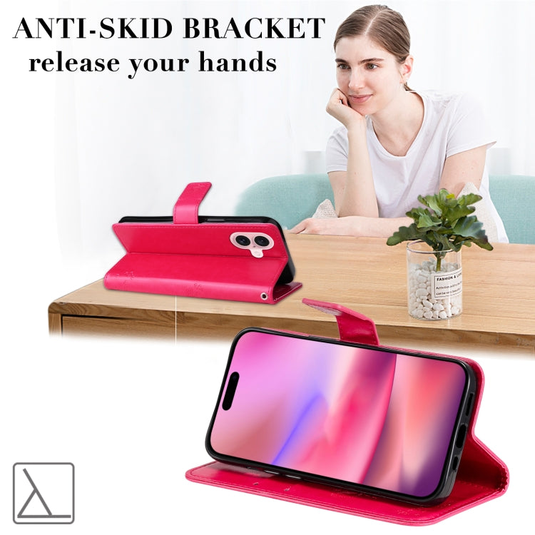 For iPhone 16 Tree & Cat Embossed Pattern Flip Leather Phone Case(Rose Red) by buy2fix