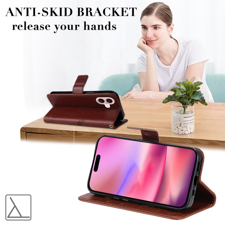 For iPhone 16 Tree & Cat Embossed Pattern Flip Leather Phone Case(Coffee) by buy2fix