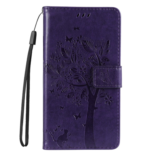 For iPhone 16 Tree & Cat Embossed Pattern Flip Leather Phone Case(Purple) by buy2fix