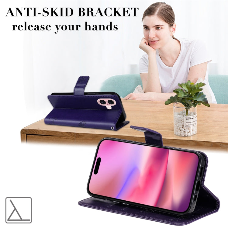 For iPhone 16 Tree & Cat Embossed Pattern Flip Leather Phone Case(Purple) by buy2fix