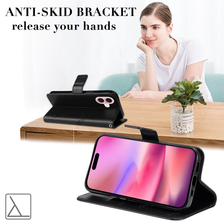 For iPhone 16 Tree & Cat Embossed Pattern Flip Leather Phone Case(Black) by buy2fix