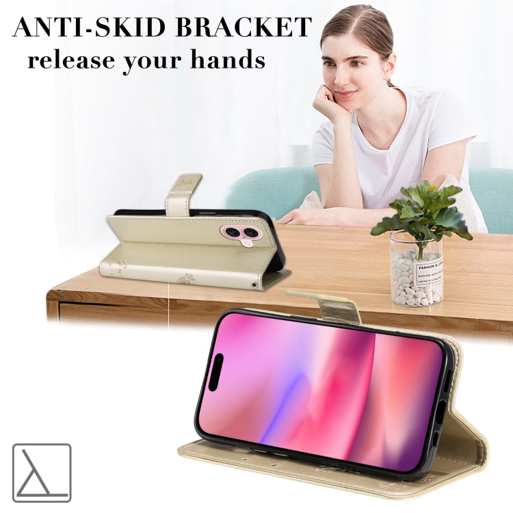 For iPhone 16 Tree & Cat Embossed Pattern Flip Leather Phone Case(Gold) by buy2fix