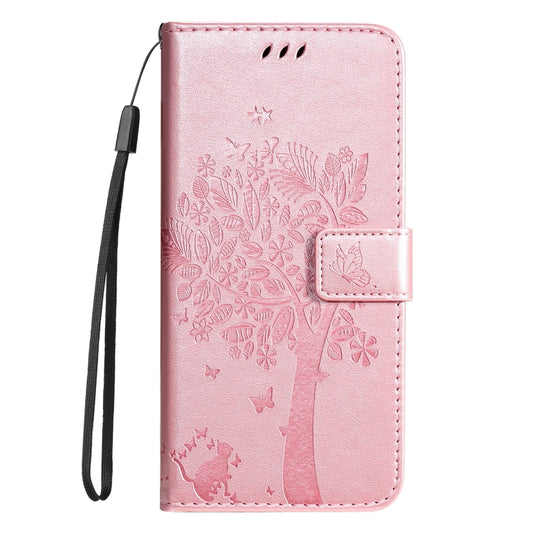 For iPhone 16 Tree & Cat Embossed Pattern Flip Leather Phone Case(Rose Gold) by buy2fix