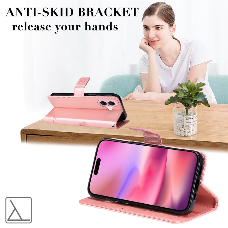 For iPhone 16 Tree & Cat Embossed Pattern Flip Leather Phone Case(Rose Gold) by buy2fix