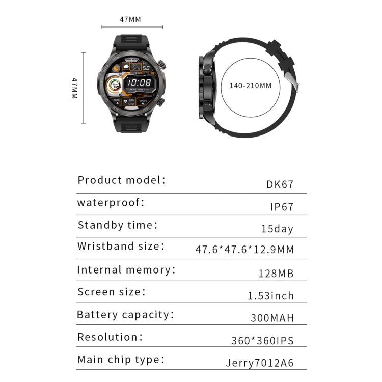 DK67 1.53 inch IP67 BT 5.0 Fitness Sport Smart Watch, Support Bluetooth Call / Sleep / Blood Oxygen / Heart Rate / Blood Pressure Health Monitor(Silver) by buy2fix