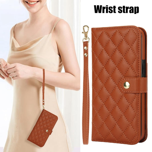 For iPhone 15 Crossbody Multifunction Rhombic Leather Phone Case(Brown) - iPhone 15 Cases by buy2fix | Online Shopping UK | buy2fix