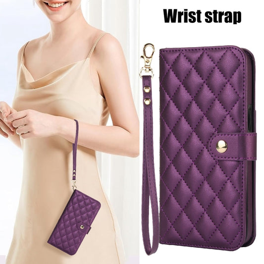 For iPhone 14 Pro Crossbody Multifunction Rhombic Leather Phone Case(Dark Purple) - iPhone 14 Pro Cases by buy2fix | Online Shopping UK | buy2fix