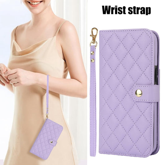 For iPhone 14 Pro Max Crossbody Multifunction Rhombic Leather Phone Case(Purple) - iPhone 14 Pro Max Cases by buy2fix | Online Shopping UK | buy2fix