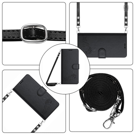 For Motorola Moto G 5G 2024 Global Cat Rat Embossed Pattern RFID Leather Phone Case with Lanyard(Black) by buy2fix
