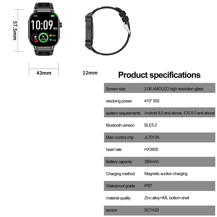 G40S 2.06 inch IP67 BT5.2 Sport Smart Watch, Support Bluetooth Call / Sleep / Blood Oxygen / Heart Rate / Blood Pressure Health Monitor(Silver) by buy2fix