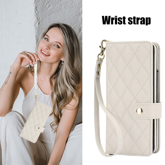 For Samsung Galaxy Z Fold3 Crossbody Multifunction Rhombic Leather Phone Case(White) - Galaxy Phone Cases by buy2fix | Online Shopping UK | buy2fix