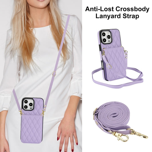 For iPhone 16 Pro Max YM015 Crossbody Rhombic Card Bag RFID Phone Case(Light Purple) by buy2fix