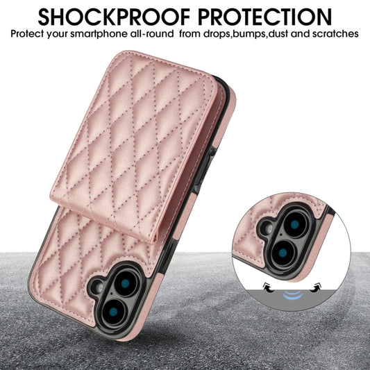 For iPhone 16 Plus YM015 Crossbody Rhombic Card Bag RFID Phone Case(Rose Gold) by buy2fix
