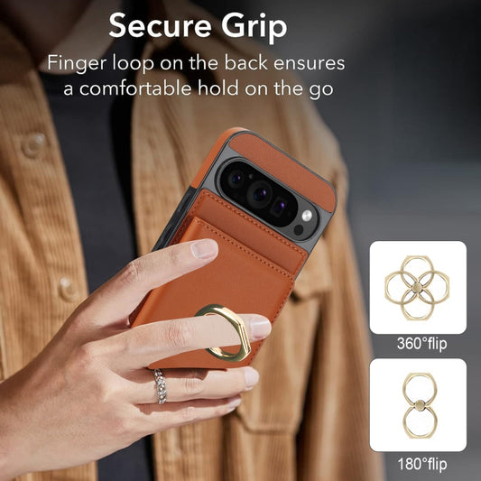 For Google Pixel 9 Pro XL RFID Anti-theft Card Ring Holder Phone Case(Brown) by buy2fix