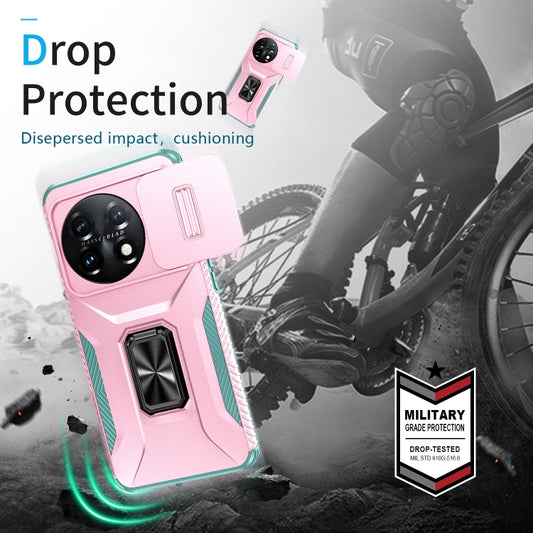 For OnePlus 11 5G Sliding Camshield Holder Phone Case(Pink + Grey Green) by buy2fix