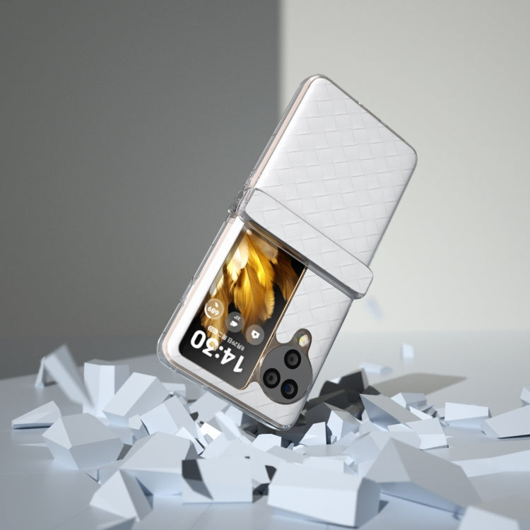 For OPPO Find N3 Flip 3 in 1 Woven Texture Transparent Frame PU Phone Case(White) by buy2fix