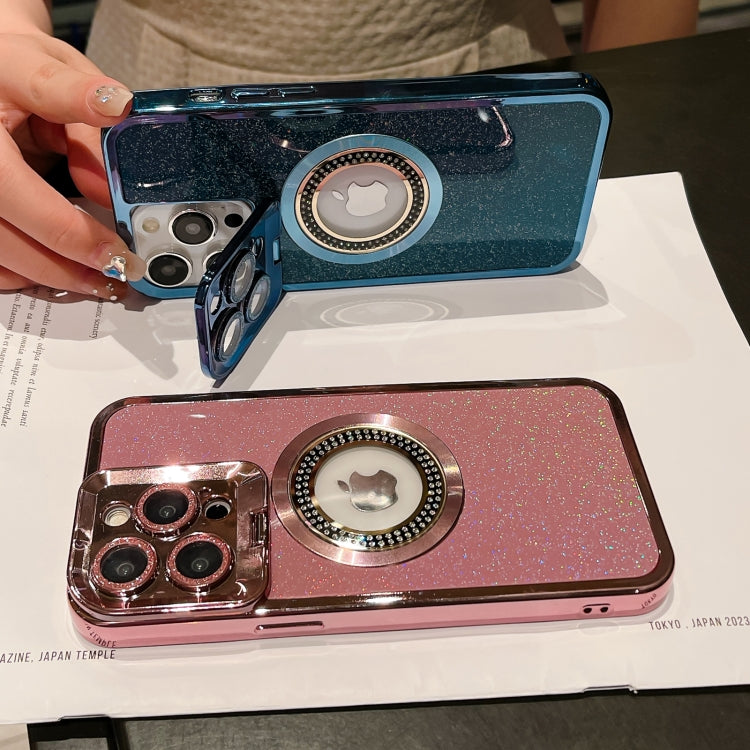 For iPhone 15 Starry Glitter MagSafe Lens Holder Phone Case(Pink) by buy2fix