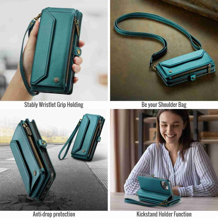 For iPhone 15 Plus CaseMe C36 Card Slots Zipper Wallet RFID Anti-theft Leather Phone Case(Blue-green) by CaseMe