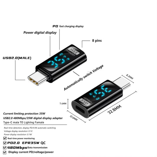 Type-C Male to 8 Pin Female 35W Charging Adapter with Digital Display(Black) by buy2fix
