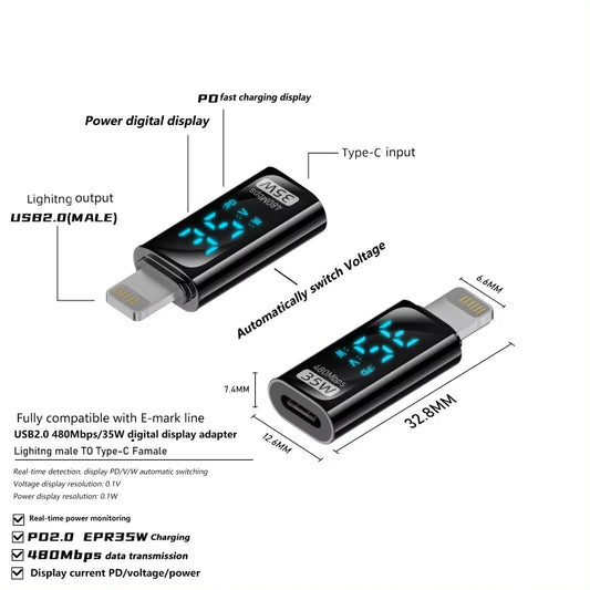8 Pin Male to Type-C Female 35W Charging Adapter with Digital Display(Black) by buy2fix
